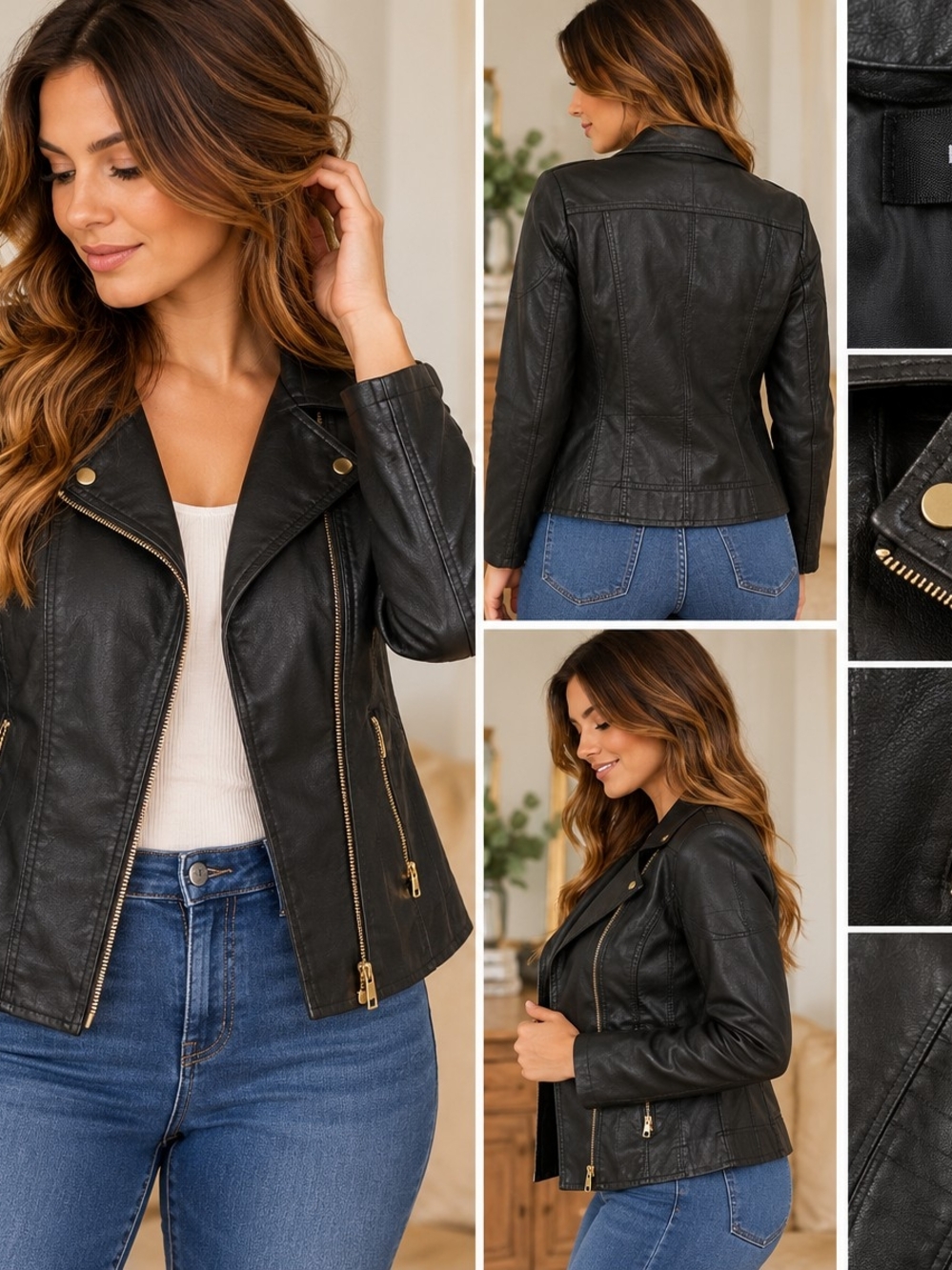 Baccini Black Faux Leather Moto Jacket with Gold Hardware